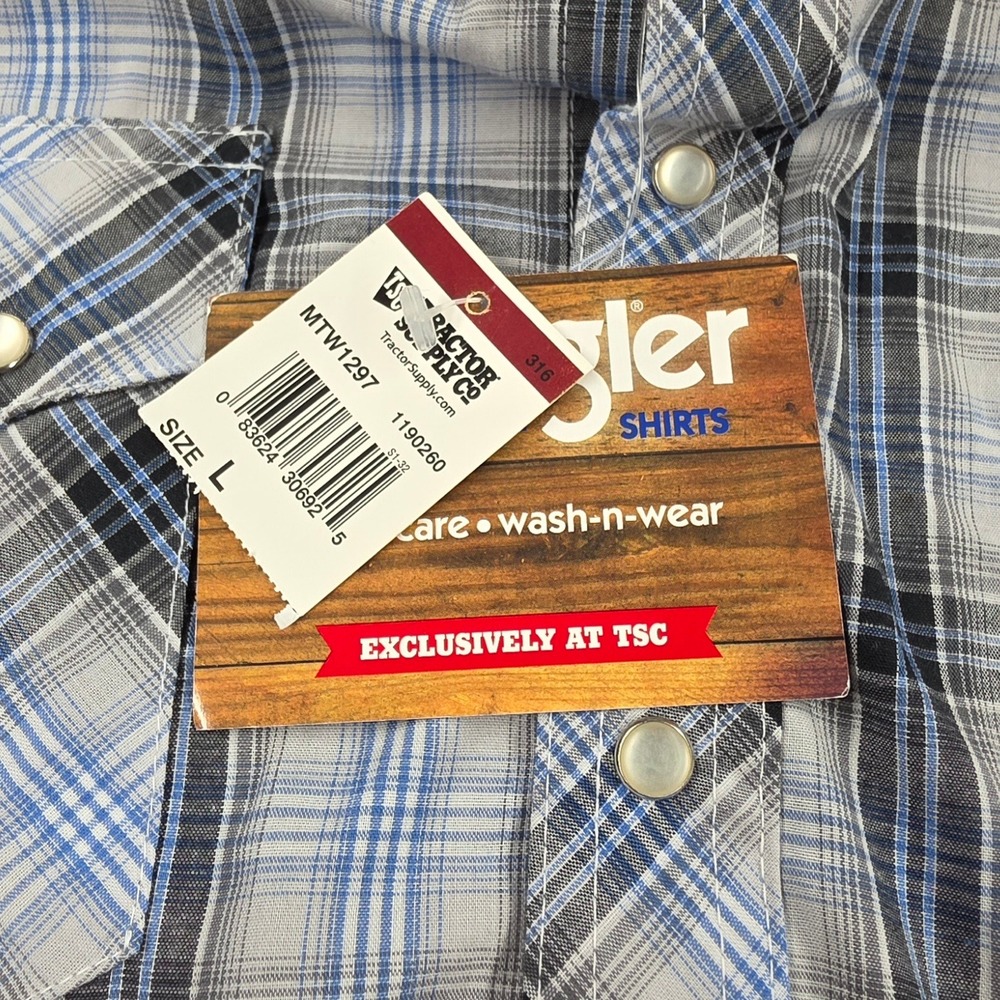 Wrangler Wrancher Mens Blue Plaid Western Pearl Snap Shirt MTW1297 L - Picture 8 of 12